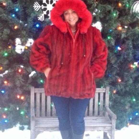 Custom made red mink with fox trimmed hood. - Picture 4 of 15